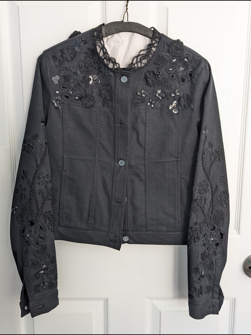 Elie Tahari Women's Embellished Black Denim Jacket | Size XS